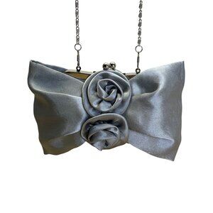 Silver Satin Evening Clutch With Rose Detail & Chain Strap For Women Sz S
